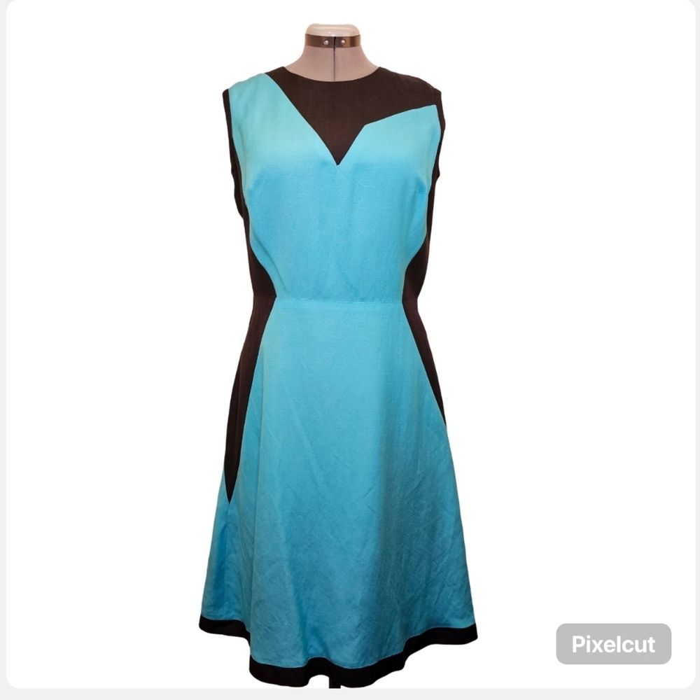 Custom handmade blue black color block linen lined a-line midi dress size 12 US.